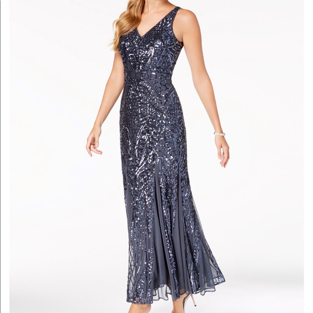 Nightway Sequined Mesh Gown - Gunmetal